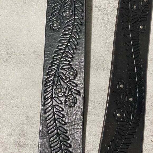 Fossil Tooled Brown Leather Waist Belt Two Tone Oval Floral Buckle Women\'s Large main image 3